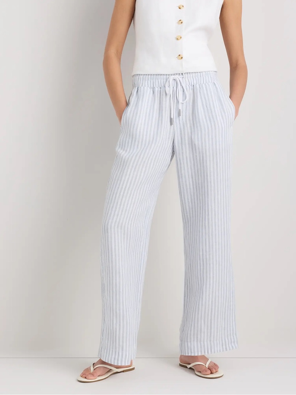 Quince 100% European Linen Wide Leg Pants in Sky blue Mariner Stripes— Large